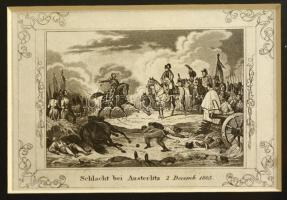 Schlacht bei Austerlitz 1805. Az Austerlizi csatát ábrázoló rézmetszet. Paszpírtuban, üvegezett kere...