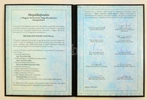2000 A Magyar Innovációs Nagydíj alapító oklevele Matolcsy, Torgyán, Pokorni és mások aláírásával műbőr mappában 28x36 cm