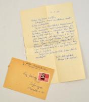 Radnóti Miklósné Gyarmati Fanni (1912-2014) sajét kézzel írt levele Nagy János újságírónak, melyben elutasítja a Radnóti Miklós évforduló kapcsán kapott sajtómegkeresést. Borítékkal