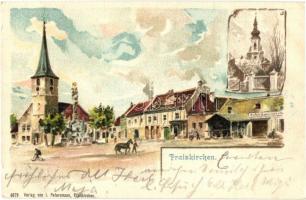 Traiskirchen, main square, church, Trinity statue, shop, Verlag von I. Petersmann, litho s: C. Weniy