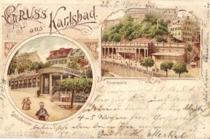 1900 Karlovy Vary, Karlsbad; Felsenquelle, Schlossbrunnen / fountains, Friedrich Kirchner Kunstanstalt Art Nouveau litho