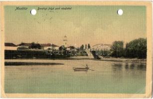 1909 Mezőtúr, Berettyó folyó part részlettel, híd, csónak. Kiadja Borbély Gyula (lyukasztott / punched holes)