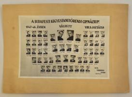 1948 A Budapesti Kegyestanítórendi Gimnázium tanárai és végzett növendékei, kistabló, nevesített portrékkal, 16x23 cm, karton 22,5x32 cm