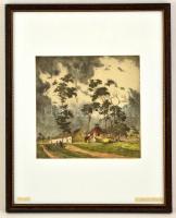 Bajor Ágost (1892-1958): Tanya. Színezett rézkarc (körbevágva), papír, jelzett, üvegezett keretben, ...