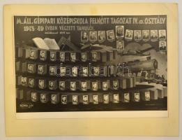 1949 M. Áll. Gépipari Középiskola Felnőtt Tagozat tanárai és végzett növendékei, kistabló, nevesített portrékkal, 19x29 cm, karton (sarkán törésvonal) 25x33 cm