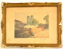 Victor Valéry (1889-1910): Notre Dame. Színezett rézkarc, papír, jelzett, üvegezett sérült keretben, 17×21 cm