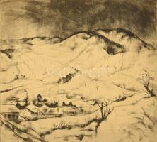 Szőnyi István (1894-1960): A behavazott falu (Zebegény télen). Rézkarc, papír, jelzett, üvegezett keretben, 27×30 cm