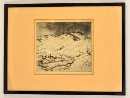 Szőnyi István (1894-1960): A behavazott falu (Zebegény télen). Rézkarc, papír, jelzett, üvegezett ke...