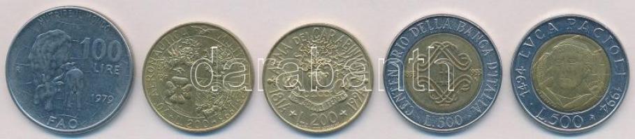 Olaszország 1979-1994. 100-500L (5xklf) forgalmi emlékkiadások T:1-,2 Italy 1979-1994. 100 - 500 Lira (5xdiff) commemorative issues C:AU,XF