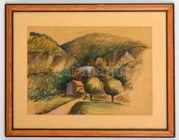 Jelzés nélkül: Ház a völgyben. Akvarell-tus, papír, üvegezett keretben, 28×39 cm
