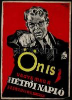 1930 Pál György (1906-1986):Ön is vegye meg a Hétfői Napló szenzációit, reklám plakátterv, vegyes technika, papír, jelzett, egyik sarka sérült, 34x24,5 cm