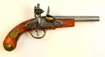 Ütőkakasos, elöltöltős pisztoly, díszes replika, fa-fém, kis sérüléssel, h: 34 cm