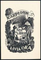 Richard Kaljo (1914-1978) : Carpediem Ex Libris Livia Ora. Fametszet, papír, jelzett a dúcon, 8×5 cm