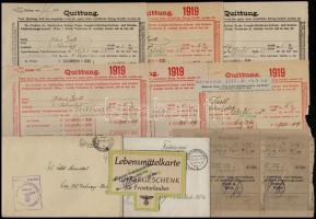 cca 1910-1940 Vegyes okmány és nyomtatvány tétel, közte III. Birodalom pecsétes levelek, élelmiszerjegy, német nyelvű nyugták