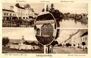 Székelyudvarhely, Odorheiu Secuiesc; Vármegyeház, Székely kapu, Küküllő partja, híd, Jézus Szíve kápolna, Kossuth Lajos utca / county hall, Tarnava river, bridge, chapel, street view, Székely gate (Poarta secuiasca)