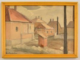 Nemes jelzéssel: Falusi házak. Akvarell-ceruza, papír, üvegezett keretben, 20×28 cm