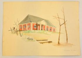 Vináry jelzéssel: Ház a dombtetőn. Akvarell, papír, 30×43 cm