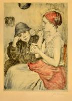 Glatz Oszkár(1872-1958)-Prihoda István(1891-1956): Buborékfújók. Színezett rézkarc, papír, jelzett, 35×27 cm