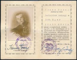 1943 Emléklap c. fényképes igazolvány tartalékos katona részére, a hordható kitüntetések megnevezésé...