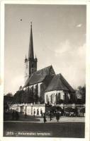 Dés, Dej; Református templom, kerékpáros / Calvinist church, man on bicycle + 1940 Dés visszatért So. Stpl. (EK)