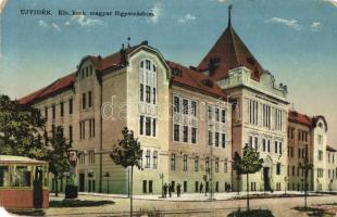 1916 Újvidék, Novi Sad; Kir. katolikus magyar gimnázium, villamos / Catholic high school, tram + K.u.K. Militär-Zensurkommission Újvidék (EM)