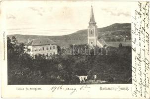 1906 Badacsonytomaj, Iskola és templom, szürkemarhák. Kiadja Payer Antal (EK)