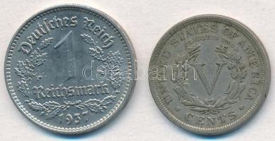 Vegyes: Amerikai Egyesült Államok 1906. 5c Cu-Ni + Német Harmadik Birodalom 1937A 1M Ni T:2,1-
Mixe...