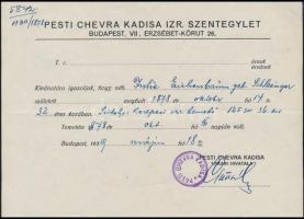 1939 Pesti Chevra Kadisa igazolás, Balassagyarmat Deutsch Dávid rabbi által aláírt születési igazolvány.