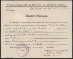 1939 Pesti Chevra Kadisa igazolás, Balassagyarmat Deutsch Dávid rabbi által aláírt születési igazolv...
