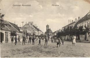 1913 Moson (Magyaróvár, Mosonmagyaróvár), Fő utca, templom, üzletek. Kiadja Szobola Fani