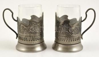 Szovjet ezüstözött fém csészetartó, üveg poharakkal, hibátlan, jelzett, m:10,5 cm (2×)