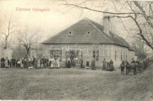 1908 Csönge, sokaság az üzlet előtt, lovaskocsi