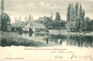 1901 Jászberény, a belső vízimalom környéke, vízszállítás hordókkal és lovaskocsikkal. Kiadja Brünnauer Adolf