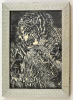 Olvashatatlan jelzéssel: Tigris, vegyes technika, papír, üvegezett fa keretben, 29×20 cm