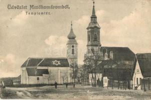 1906 Mezőkomárom, Templom tér, templomok. Kiadja Fodor Jenő (fl)