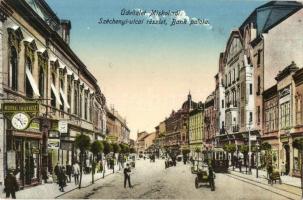 Miskolc, Széchenyi utca, Bank palota, műórás, ékszeres üzlete, villamos. Grünwald Ignác kiadása