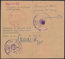1944 Hadiüzemben dolgozó zsidó származású ember igazolványa. Többször meghosszabbítva, egészen 1945 ...