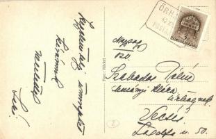 Őrhalom, Római katolikus templom az iskolával. Foto Röckel + 1942 Őrhalom pü. pecsét (EK)