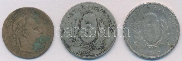 3db-os vegyes magyar rossz tartású és sérült ezüstpénz tétel, közte 1869KB 20kr Ag "Magyar Kirá...