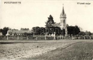 1929 Pusztavacs, Központi major, Római katolikus templom. Kiadja Lőcsey Árpád fotó specialista + Pócsmegyer-Leányfalu vasúti pecsét