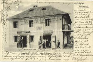 1901 Putnok, Tóth Ede színműíró szülőháza és emléktáblája, Politzer Manó, Ziegel Adolf üzlete. Kiadja Kiszely József, Rozgonyi Dezső fényképe után (EK)