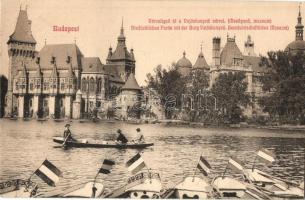 1909 Budapest XIV. Városliget, Vajdahunyad vára, Mezőgazdasági múzeum, Városligeti-tó, csónakok