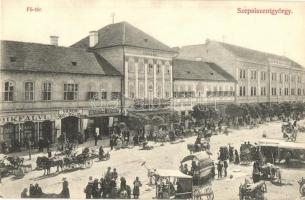 Sepsiszentgyörgy, Sfantu Gheorghe; Fő tér, Városi szálloda és kávéház, Városháza, Berkovics Herman, Bikfalvi üzlete. Kiadja Benkő M. / main square, hotel, café, town hall, shops