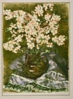 Kiss Terézia (1928- ): Mandulavirág. Színezett rézkarc, papír, jelzett, paszpartuban, 40×29 cm