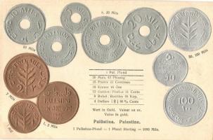 Palestine - set of Moroccan coins, currency exchange chart. Walter Erhard Emb. litho
