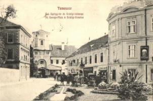 1908 Temesvár, Timisoara; Szent György tér és Erdélyi laktanya, Leitenbor József üzlete, kőnyomda (litográfia), Pilzeni sörcsarnok / St. Georgs-Platz u. Erdélyi-Kaserne / square, military barracks, shops, lithography workshop, beer hall, inn