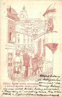 1913 Selmecbánya, Schemnitz, Banská Stiavnica; Zákány Csaba utolsó serenadeja a Körndl Sarolta ablaka alatt. Joerges Á. özv. és fia Rsz. 78. Tassonyi Ernő: Aki a párját keresi című selmeci diákéletből vett regényének illusztrációja / Studentica art postcard s: Mühlbeck Károly (EB)