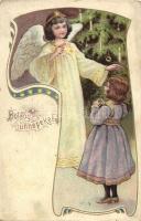 Boldog Ünnepeket / Christmas greeting postcard, angel, Atr Nouveau litho (kis szakadás / small tear)