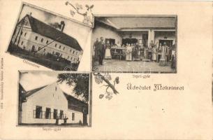 1912 Homokrév, Mokrin; Gőzmalom, Seprűgyár, munkások. Kiadja Szecsánszky Sándor / steam mill, broom factory, workers. Floral