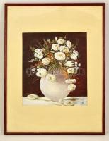 SM jelzéssel: Virágcsendélet. Tempera, papír, üvegezett keretben, 37×33 cm